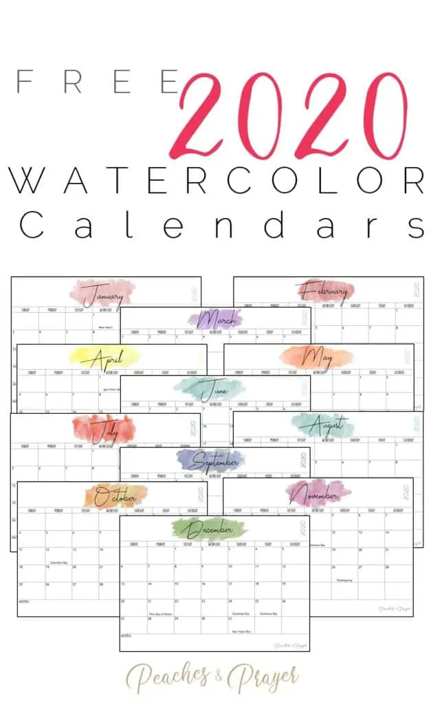 2020 Watercolor Calendars Printables