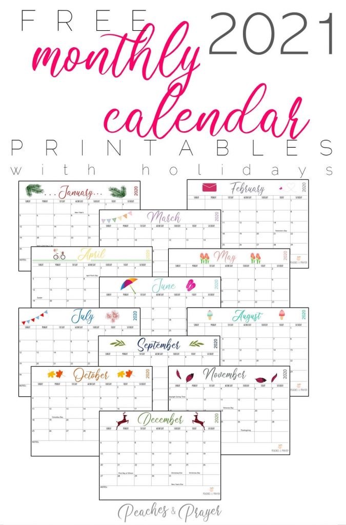 Free 2021 Monthly Calendars with Holidays