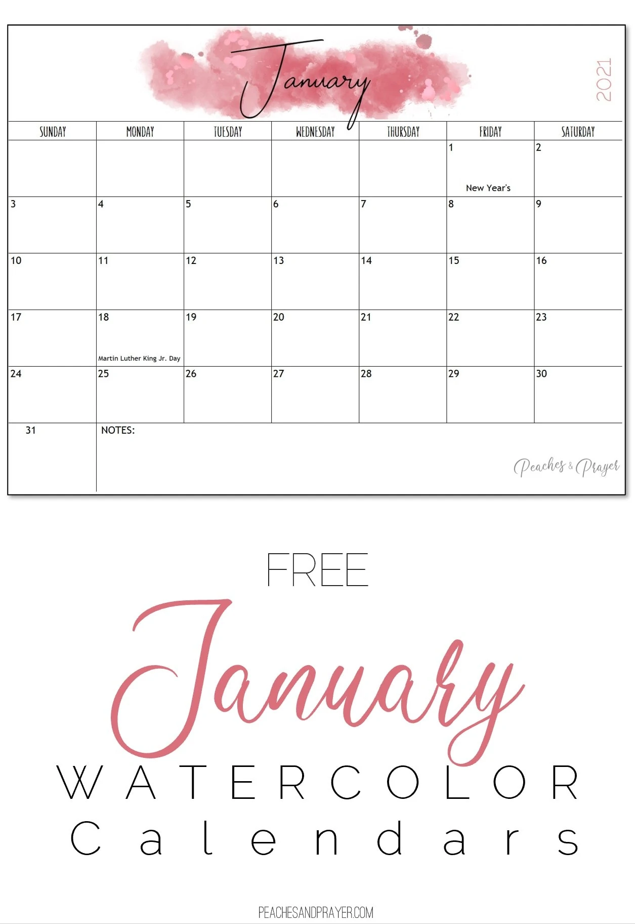 January Watercolor 2021 Free Calendar