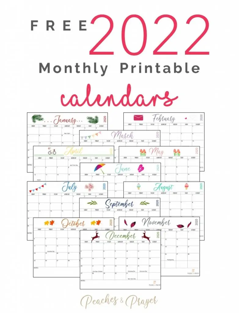 Free 2022 Monthly Calendars with major holidays