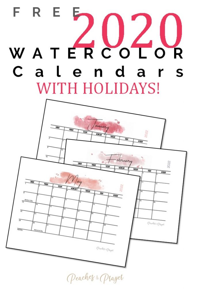 2022 Watercolor Calendar with Holidays and Blank space