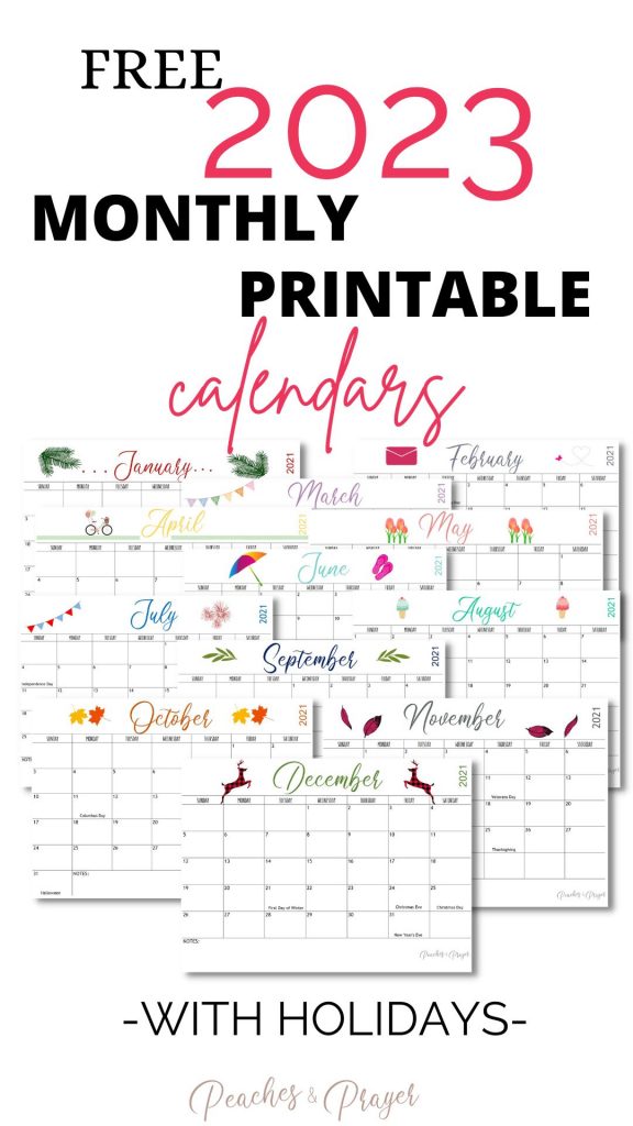 Free 2023 Monthly Calendars with major holidays