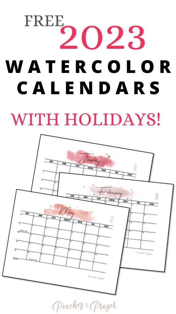 2023 Watercolor Calendar with Holidays and Blank space